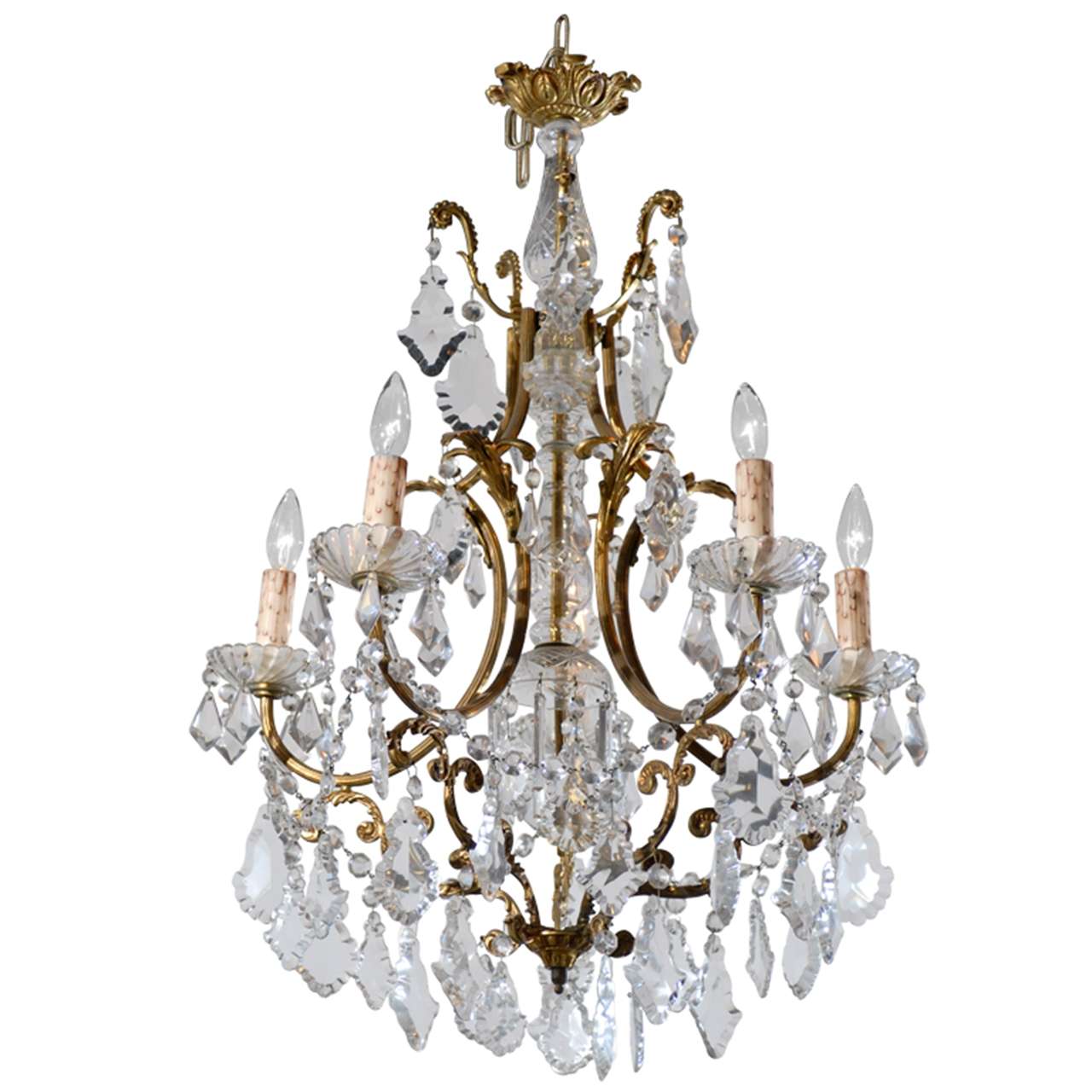 French Rococo Style Late 19th Century, Six-Light Crystal and Bronze Chandelier