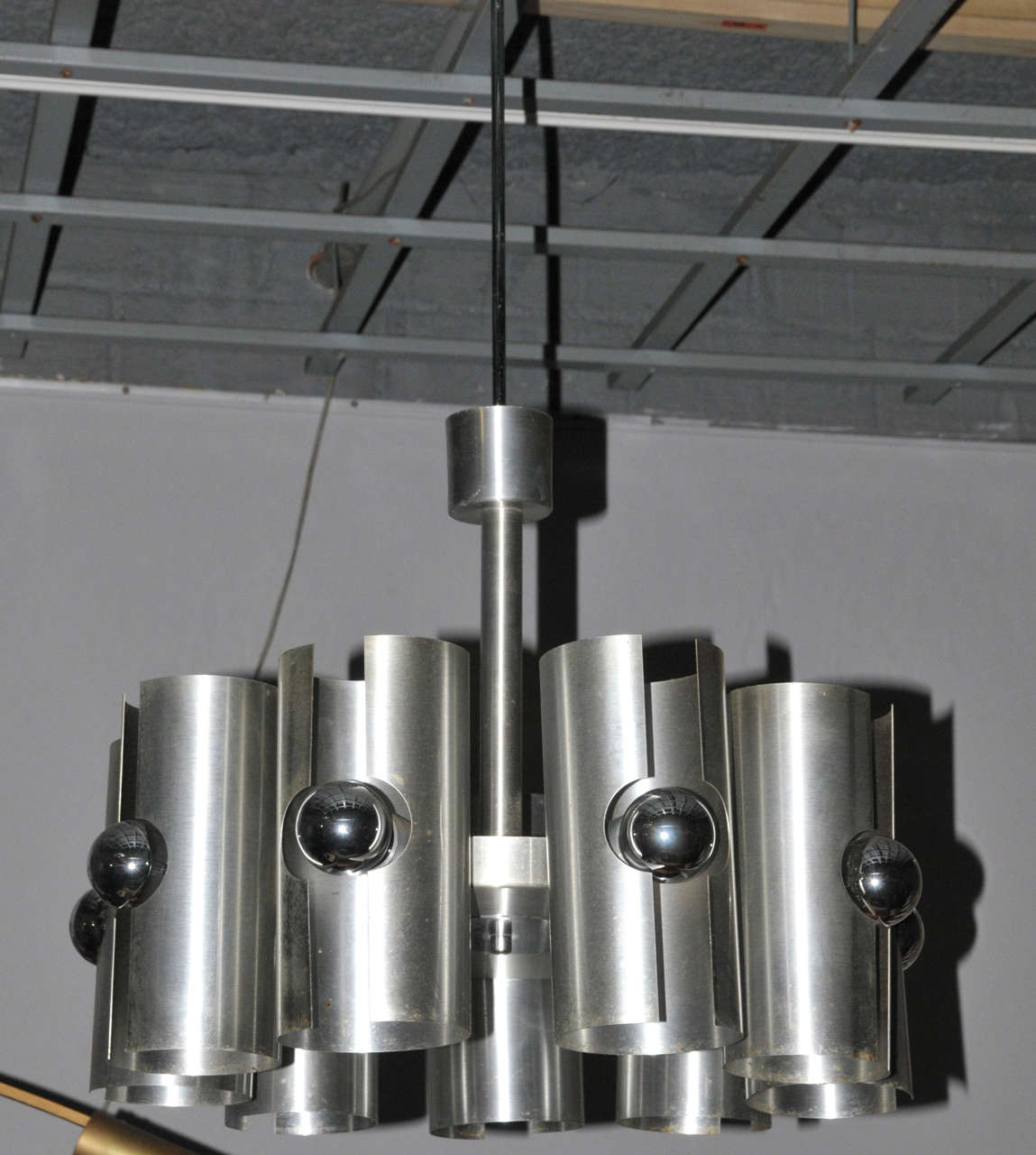 1970s chandelier in brushed steel and steel. Ten lights. Wired for European use.