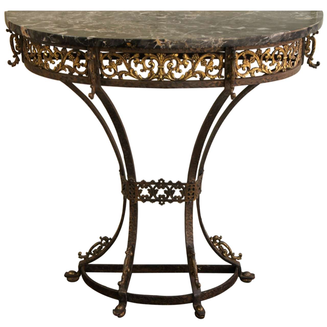 Demilune Console Table in Iron and Brass, with Egyptian Marble Top For Sale