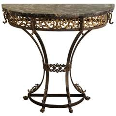 Demilune Console Table in Iron and Brass, with Egyptian Marble Top