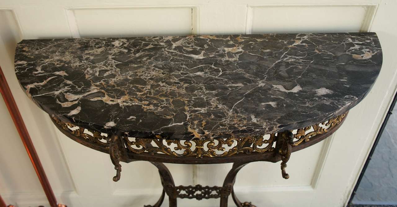Renaissance Revival Demilune Console Table in Iron and Brass, with Egyptian Marble Top For Sale