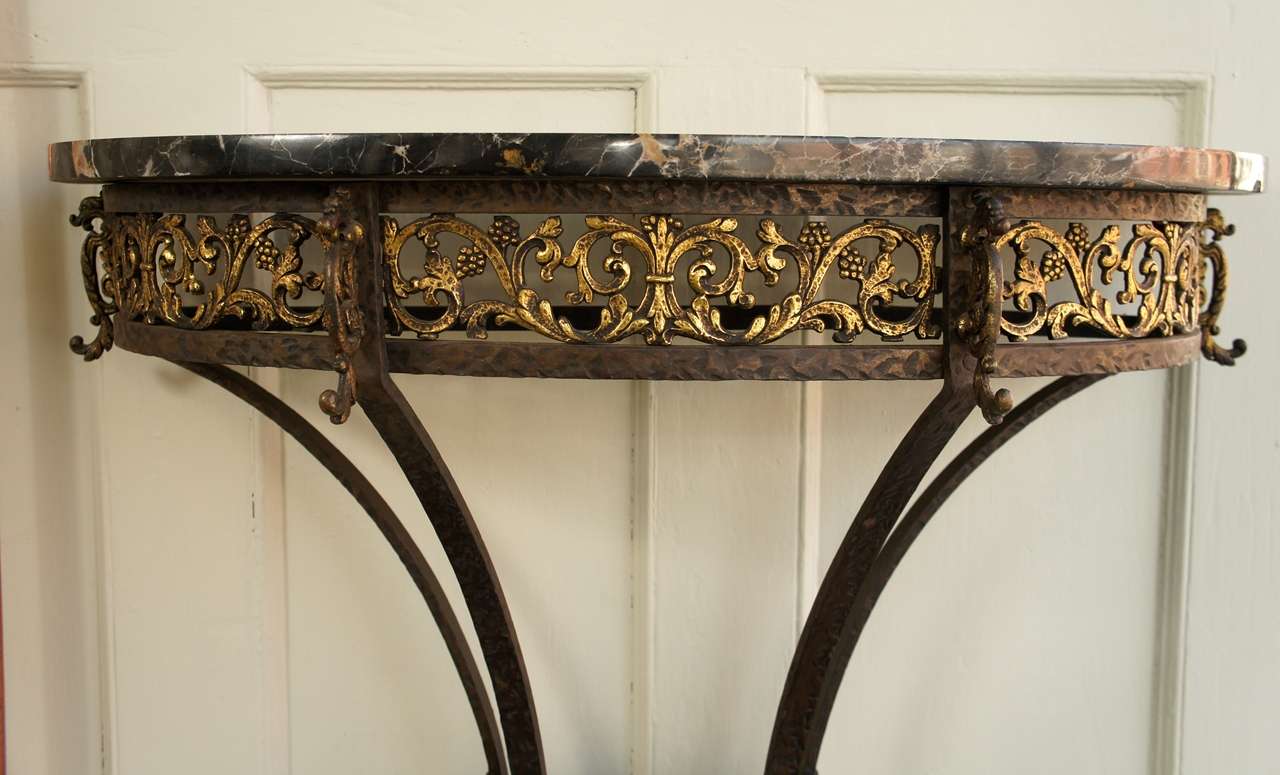 German Demilune Console Table in Iron and Brass, with Egyptian Marble Top For Sale