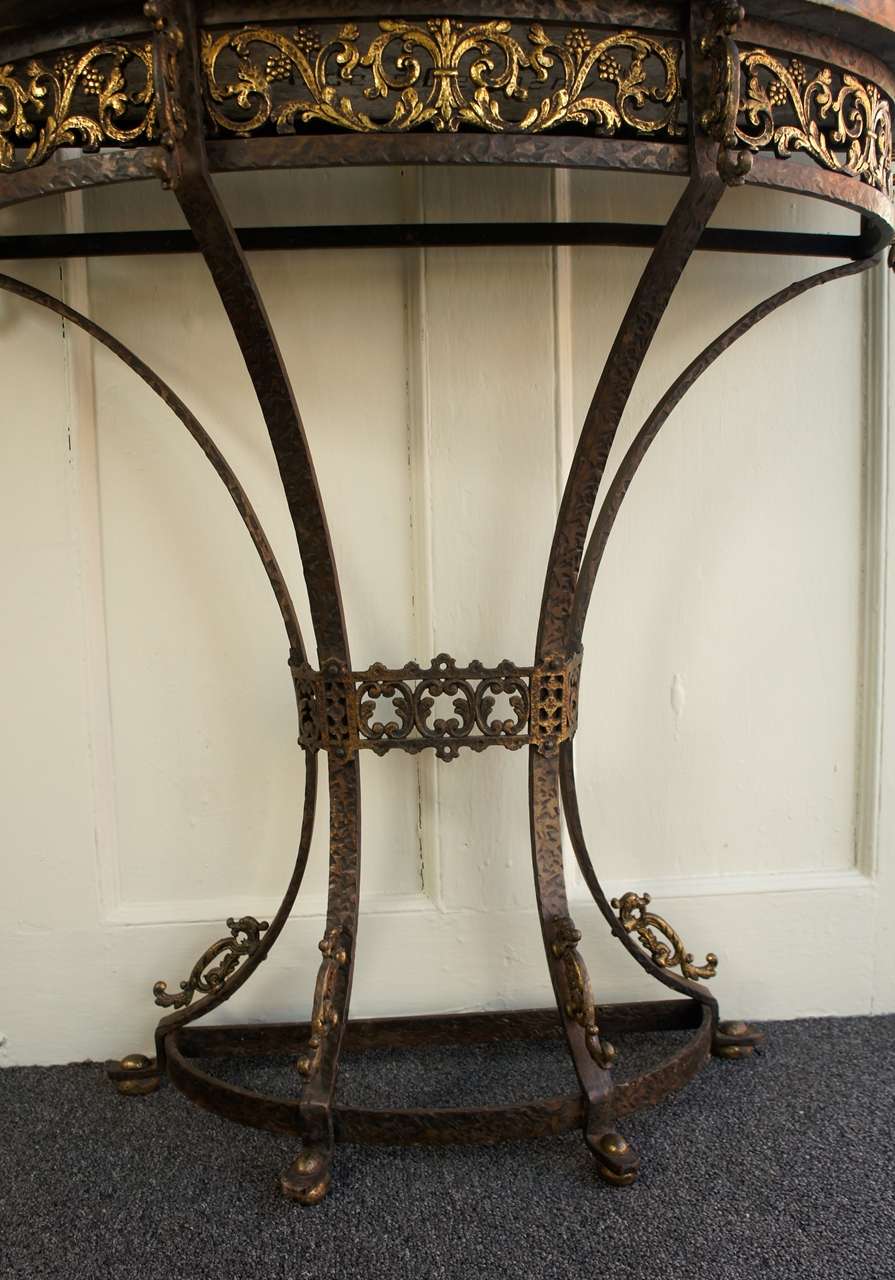 Cast Demilune Console Table in Iron and Brass, with Egyptian Marble Top For Sale