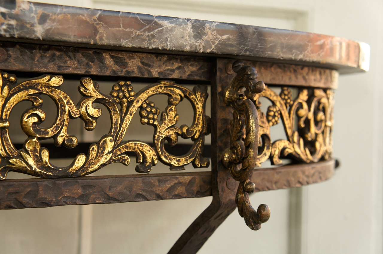 Demilune Console Table in Iron and Brass, with Egyptian Marble Top In Good Condition For Sale In Woodstock, NY