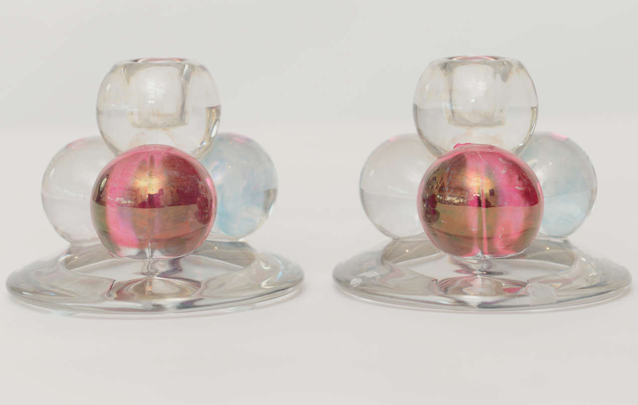Italian Murano Pair of 4 Ball Glass Candlesticks