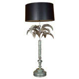 Table Lamp Zinc Finish Palm Tree with Black Shallow Drum Shade