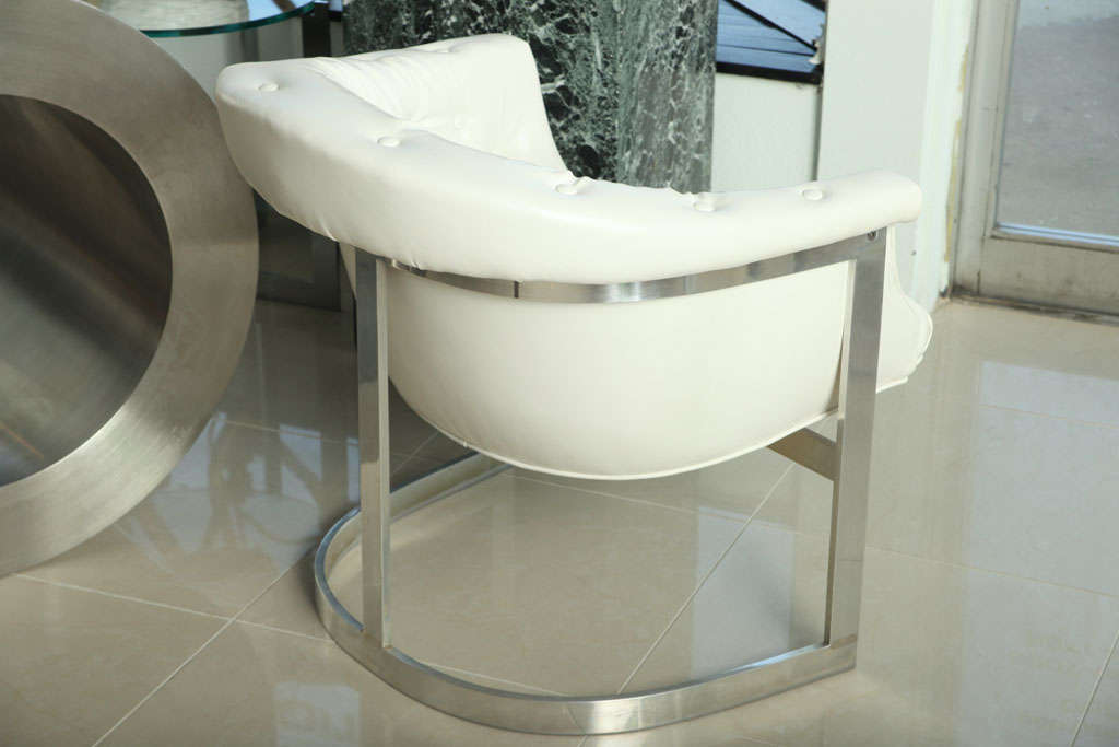 Pair Milo Baughman Chrome and Tufted White Leather Tub Chairs 2