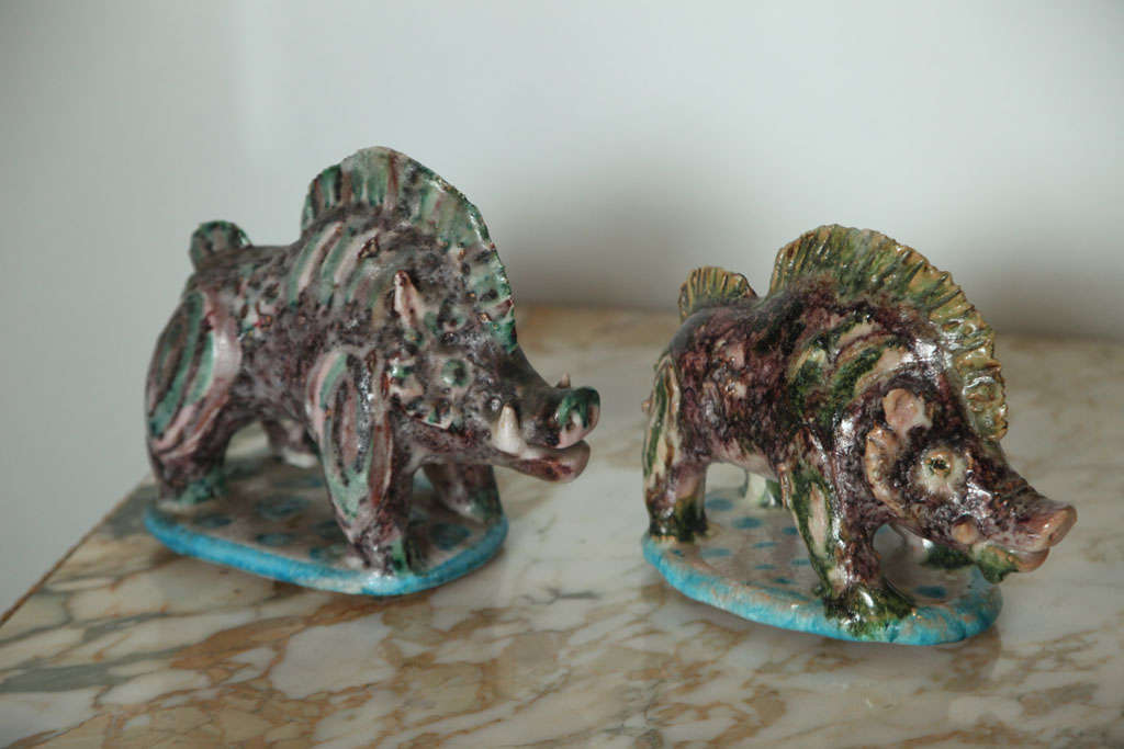 Italian Pair of Gambone Ceramic Boars For Sale