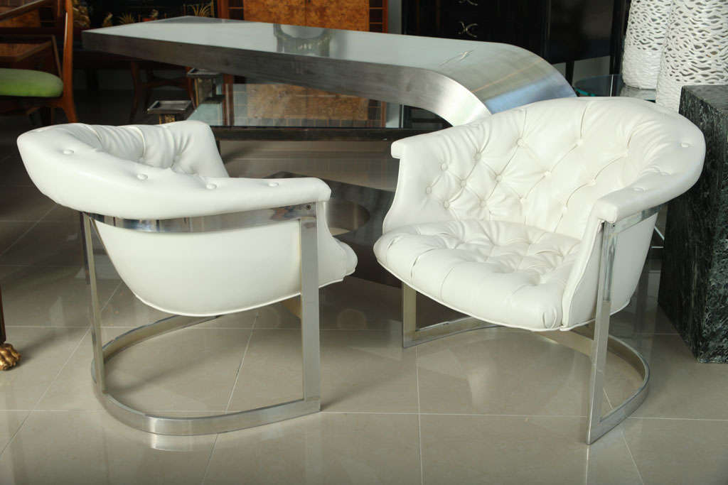 Pair Milo Baughman Chrome and Tufted White Leather Tub Chairs at