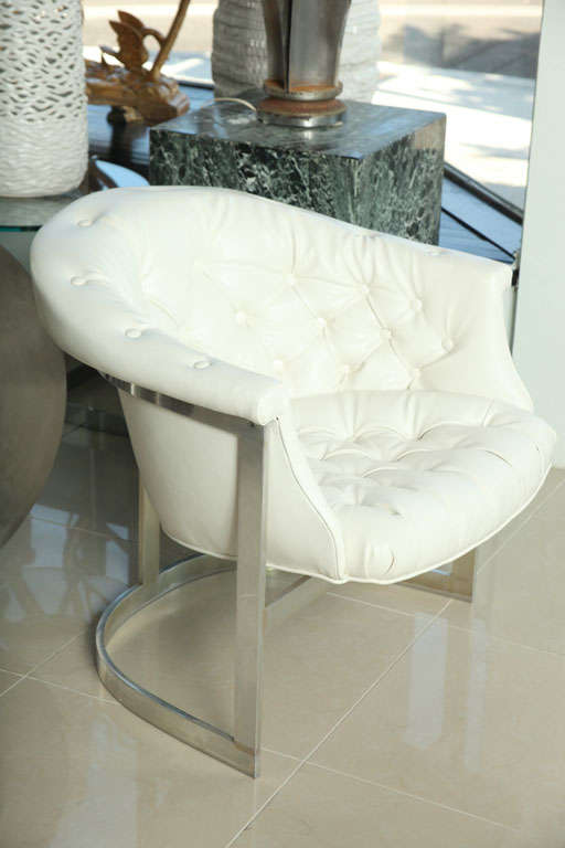 Pair Milo Baughman Chrome and Tufted White Leather Tub Chairs at