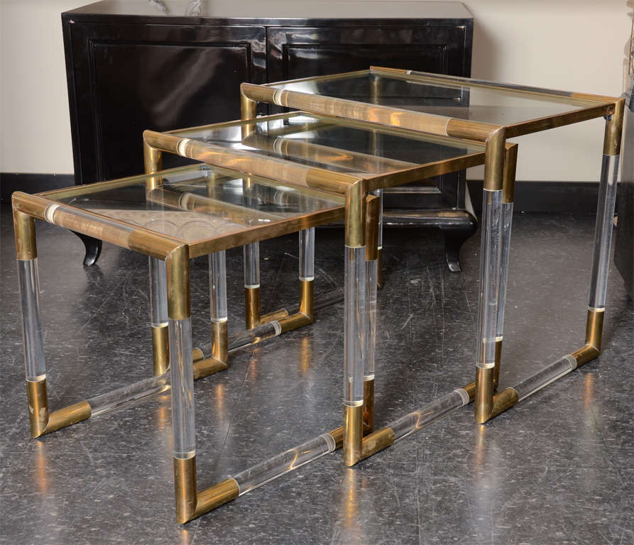 Fabulous Set Of Lucite And Brass Nesting Tables 3