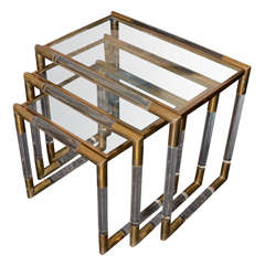 Vintage Fabulous Set Of Lucite And Brass Nesting Tables