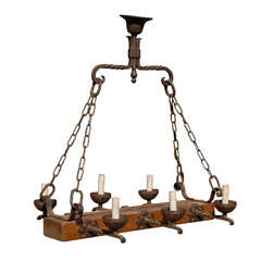 French Mid-20th Century Six-Light Wood and Forged Iron Chandelier