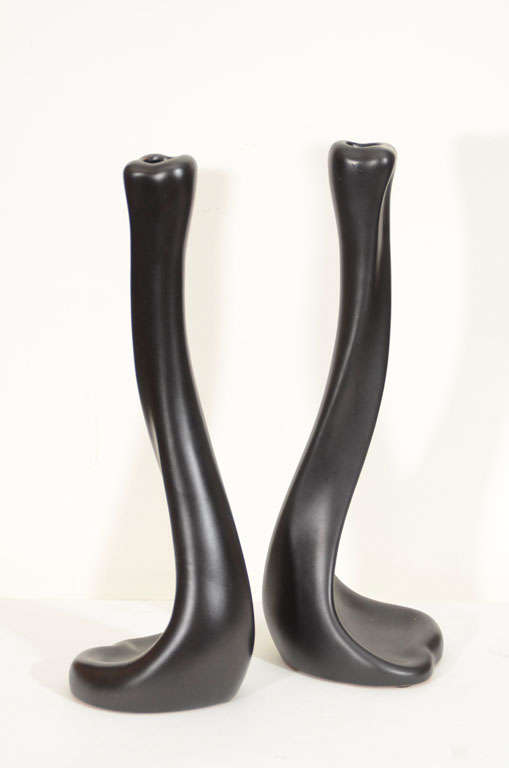 Exceptional pair of Elsa Peretti for Tiffany & Co matte black glazed stylized bone candlesticks.