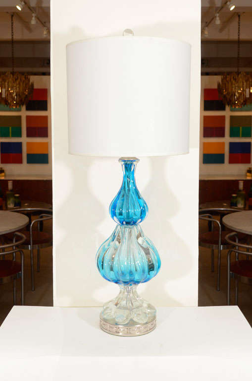 Pair of Seguso Clear/Sky Blue Gored Murano Glass Lamps
