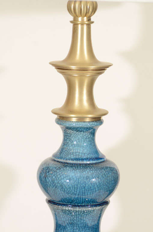 American Pair of Blue Crackled Glazed Lamps by Stiffel