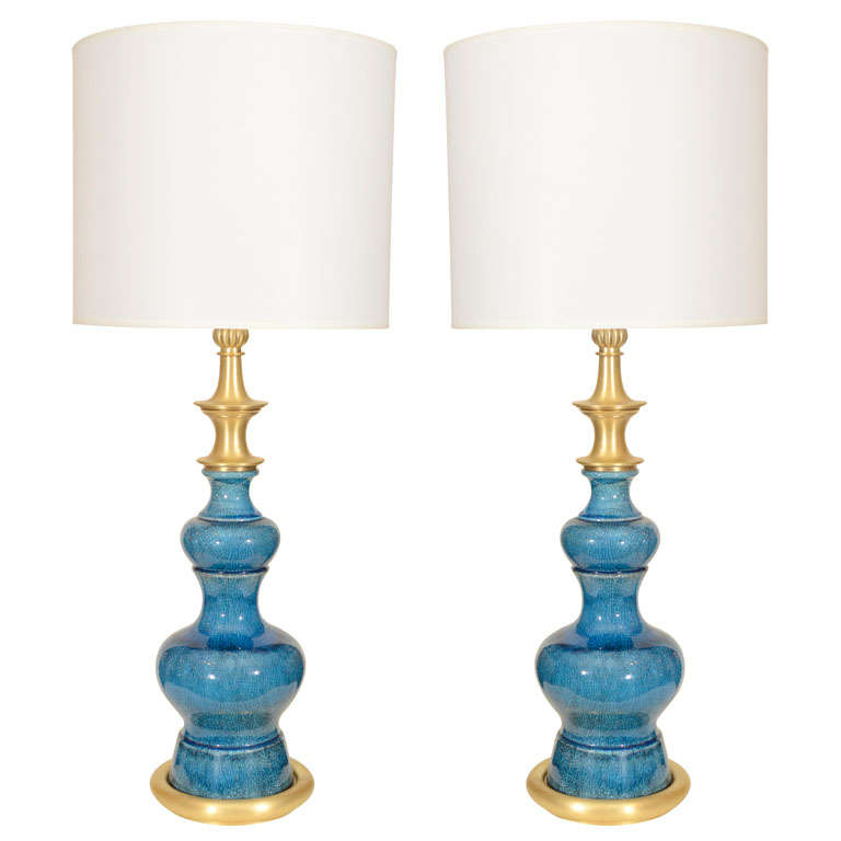 Pair of Blue Crackled Glazed Lamps by Stiffel