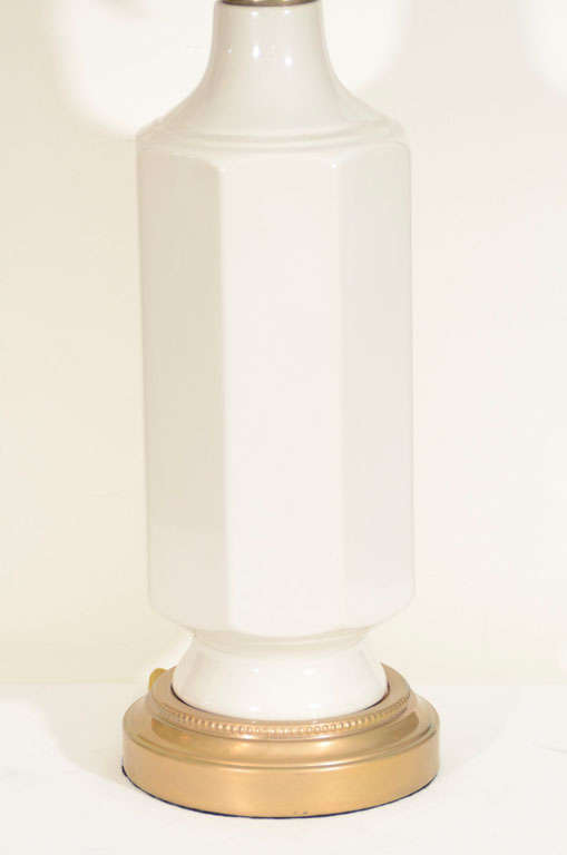 American Pair of White Porcelain and Satin Brass Lamps by Stiffel