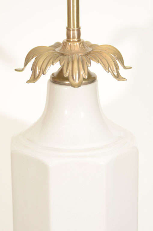 Pair of White Porcelain and Satin Brass Lamps by Stiffel 2