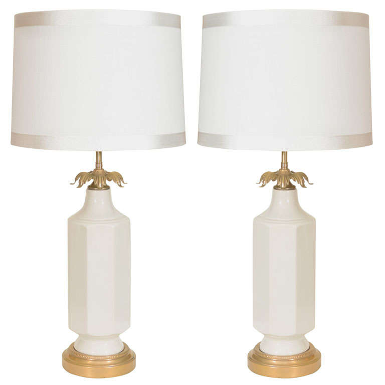 Pair of White Porcelain and Satin Brass Lamps by Stiffel