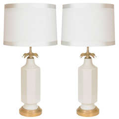 Vintage Pair of White Porcelain and Satin Brass Lamps by Stiffel