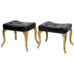 Vintage Hollywood Regency Glam French Black Leather Tufted Ottomans 6