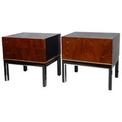 Pair of Black Lacquered and Walnut Nightstands by American of Martinsville