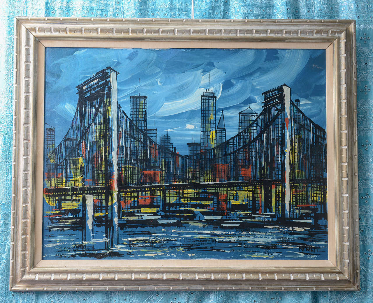 Pretty mid-century modern painting of the Manhattan Bridge in New York City.  The scene of the Manhattan skyline beyond the bridge brings to mind the New York of Audrey Hepburn and Frank Sinatra. This painting includes the iconic Chrysler and Empire