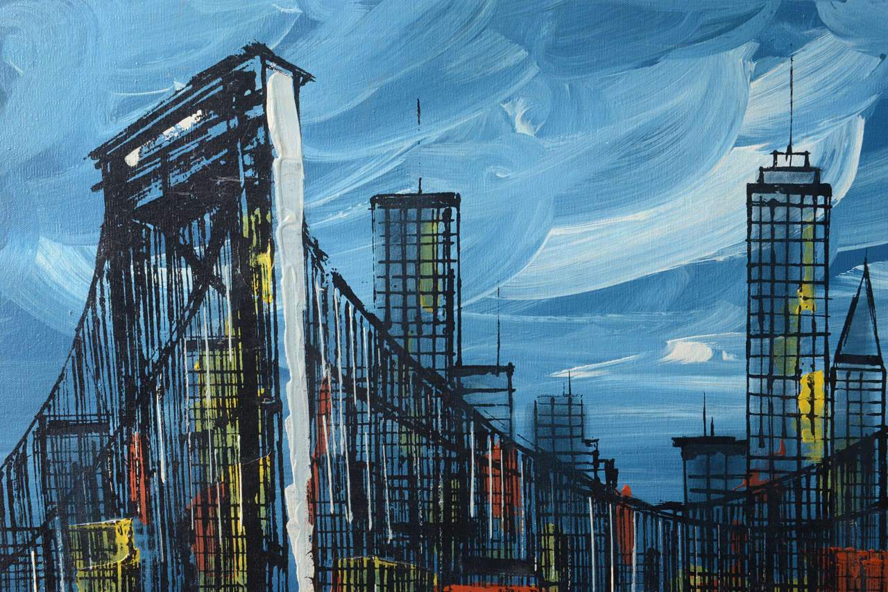 Mid-Century Modern 1960s Manhattan Bridge Oil Painting 