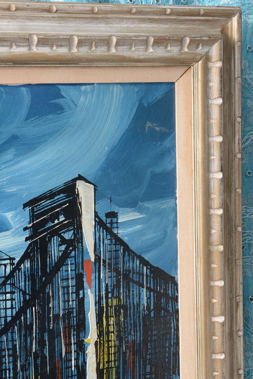 American 1960s Manhattan Bridge Oil Painting 