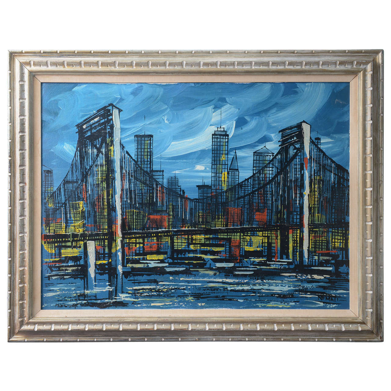 1960s Manhattan Bridge Oil Painting 