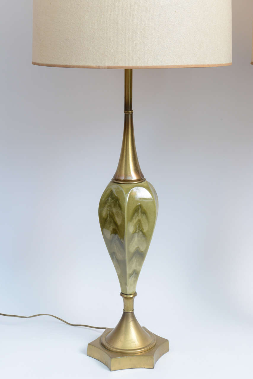 Hollywood Regency Green Pottery and Brass Table Lamps by Rembrandt Cie For Sale