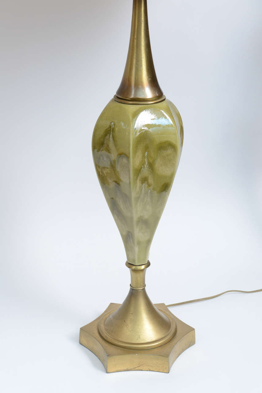 American Green Pottery and Brass Table Lamps by Rembrandt Cie For Sale
