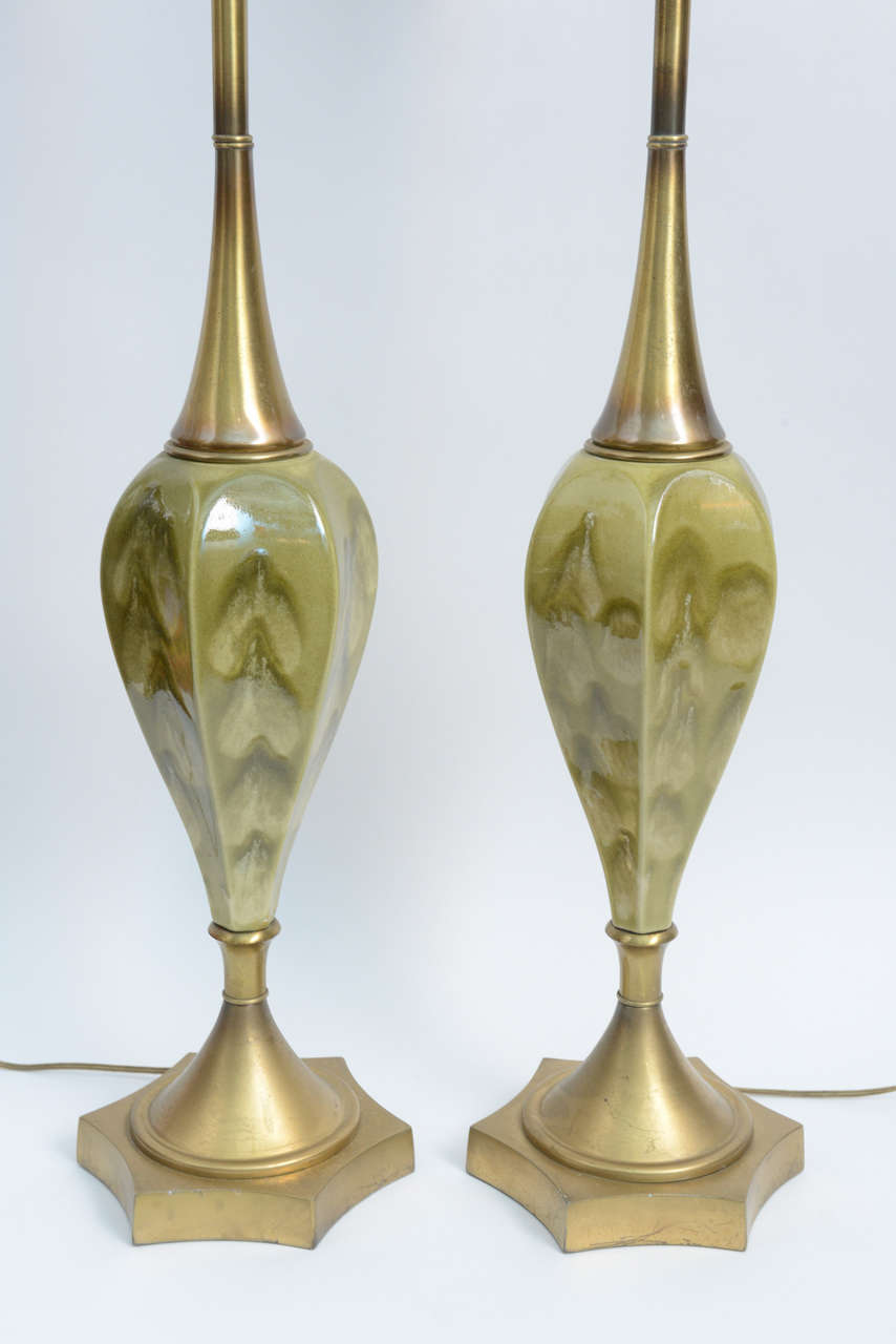Green Pottery and Brass Table Lamps by Rembrandt Cie For Sale 1