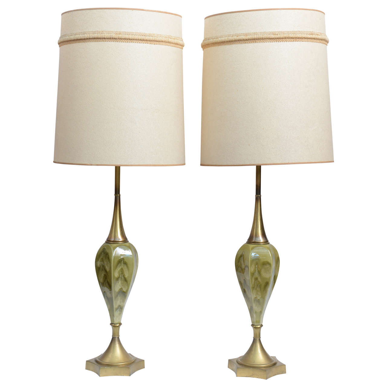 Green Pottery and Brass Table Lamps by Rembrandt Cie For Sale