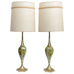 Vintage Green Pottery and Brass Table Lamps by Rembrandt Cie