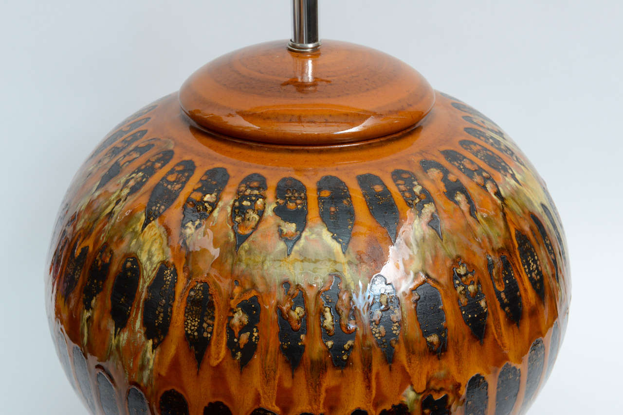 Huge Mid-Century Drip Glaze Pottery Table Lamp In Excellent Condition In Miami, FL