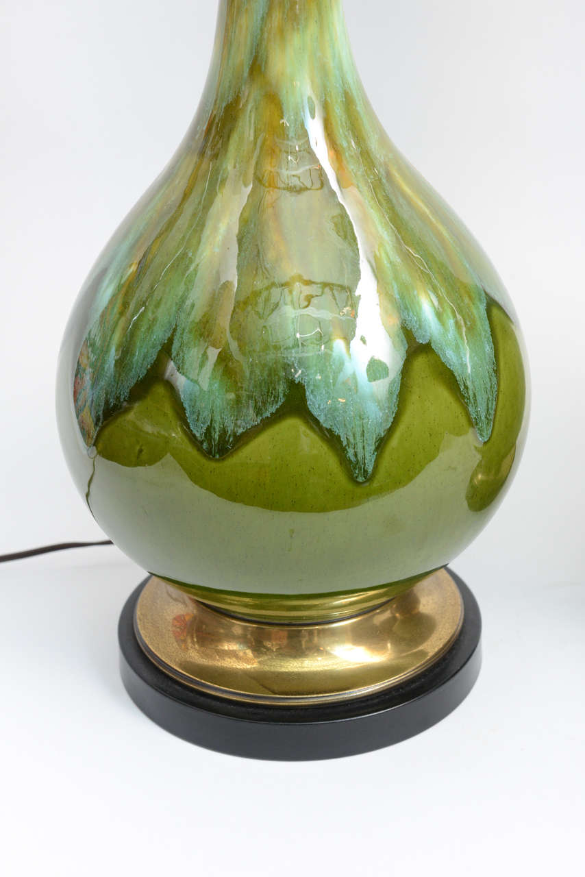 Mid-Century Modern Pair of Tall Mid-Century Green Dripe Glaze Table Lamps