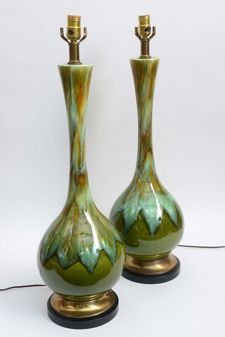 American Pair of Tall Mid-Century Green Dripe Glaze Table Lamps