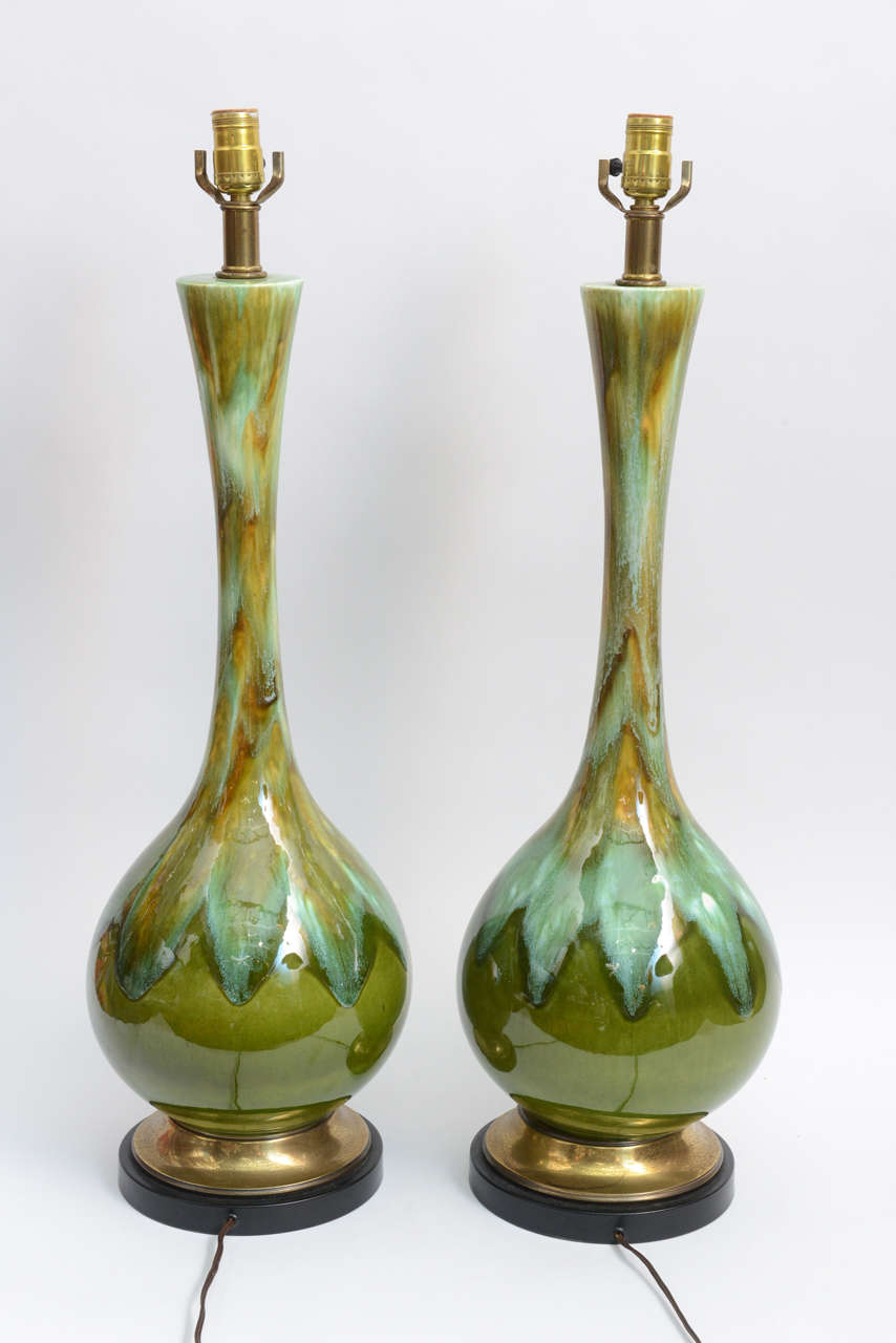 Mid-20th Century Pair of Tall Mid-Century Green Dripe Glaze Table Lamps