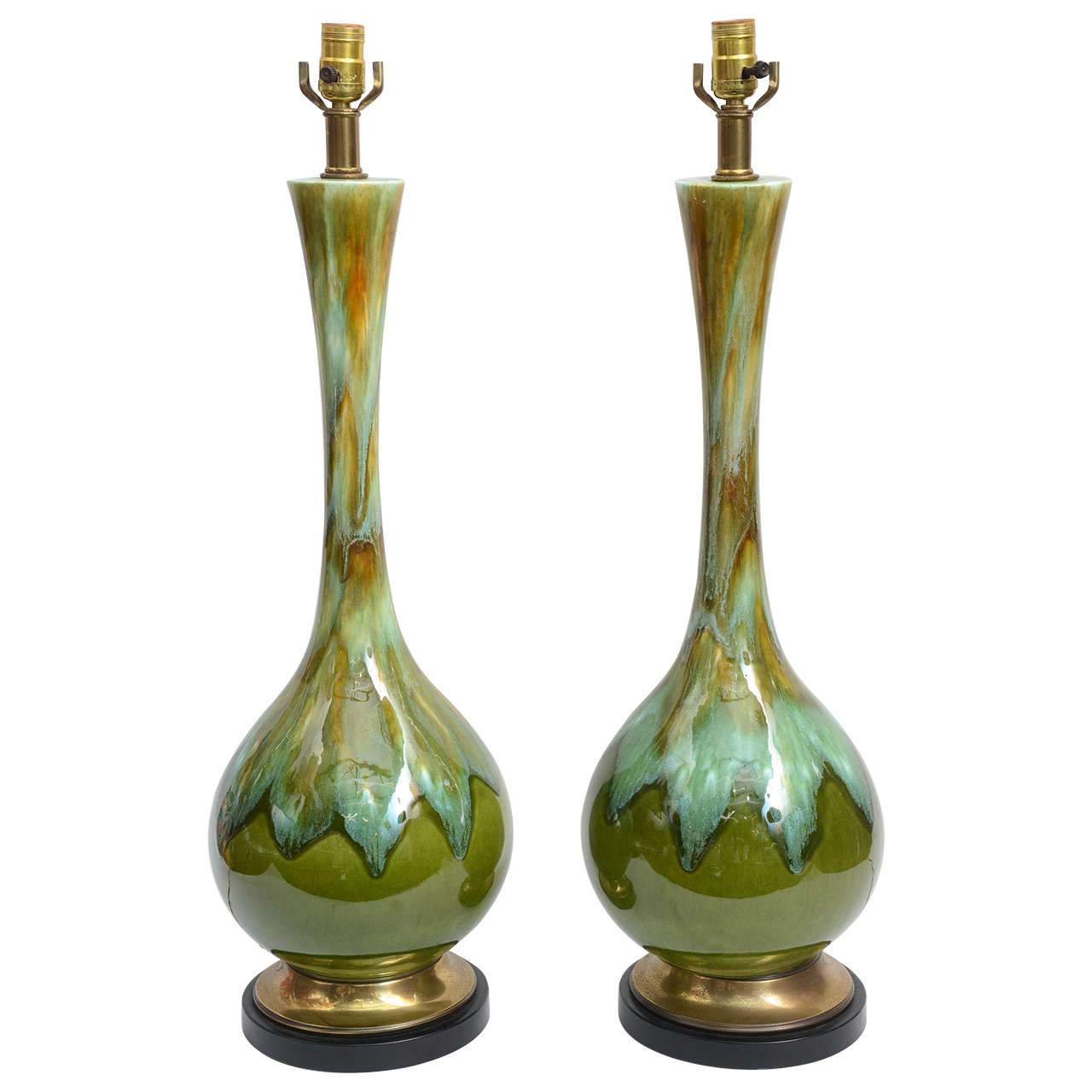 Pair of Tall Mid-Century Green Dripe Glaze Table Lamps