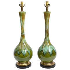 Pair of Tall Mid-Century Green Dripe Glaze Table Lamps