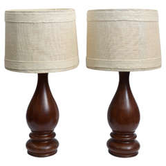 Mid-Century Pair of Dark Hand-Turned Wood Table Lamps