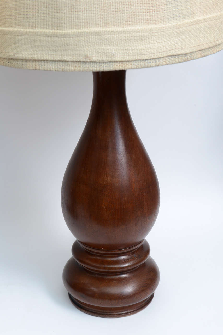 MidCentury Pair of Dark HandTurned Wood Table Lamps For Sale at