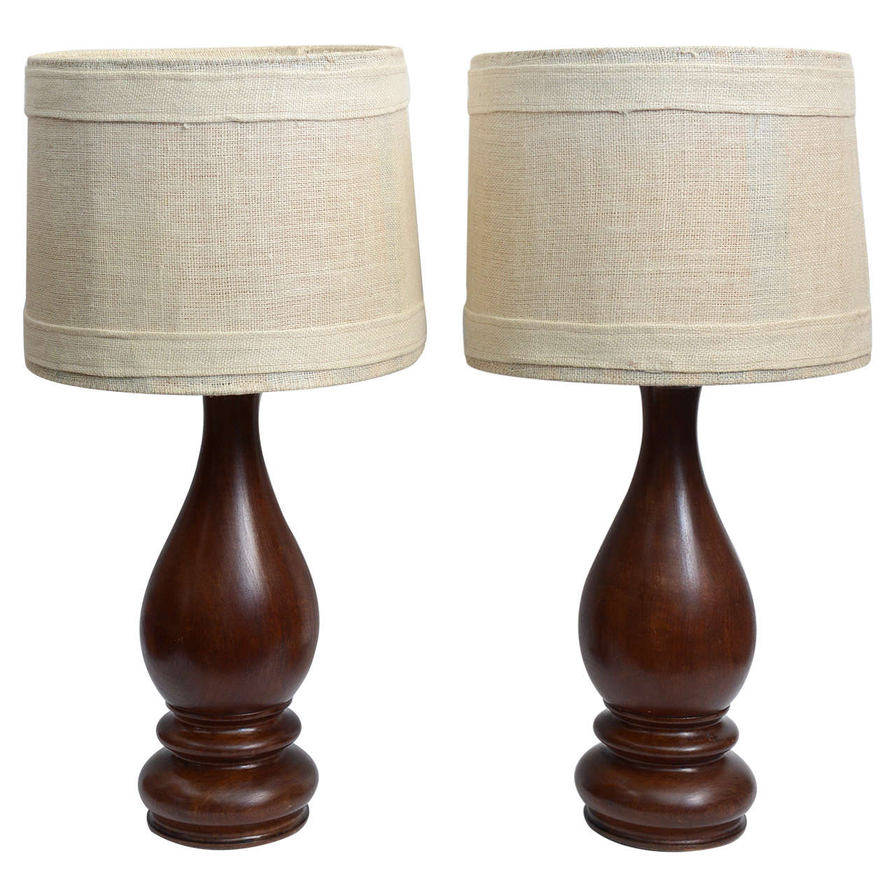 MidCentury Pair of Dark HandTurned Wood Table Lamps For Sale at