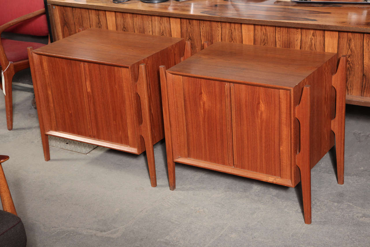 Vintage 1960s Living Room Side Tables (pair)

These Danish End Tables are a beautiful design complete with tambour doors, in other words, the doors are a veneer on canvas fabric and slide front to back on a track; which are incredibly durable. The