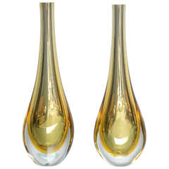 Pair of Irridescent Sommerso Gold Murano Vases