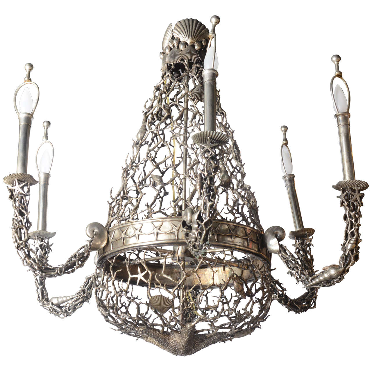 Silver Plated Coral and Seashell Chandelier