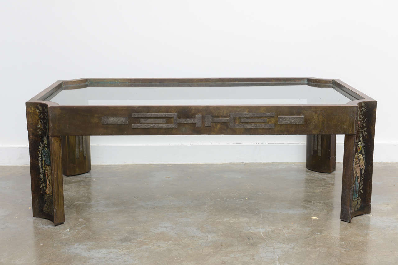 Beautiful glass topped vintage Philip & Kelvin LaVerne acid etched coffee table.