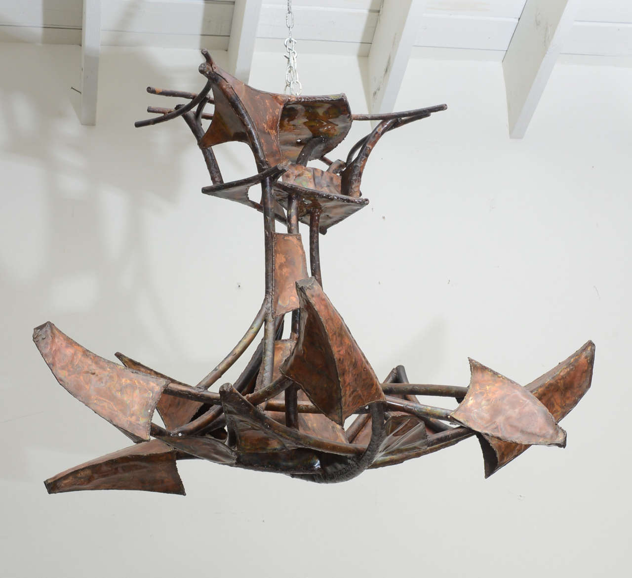 Fantastic, large organic iron and brass chandelier in brutalist style.